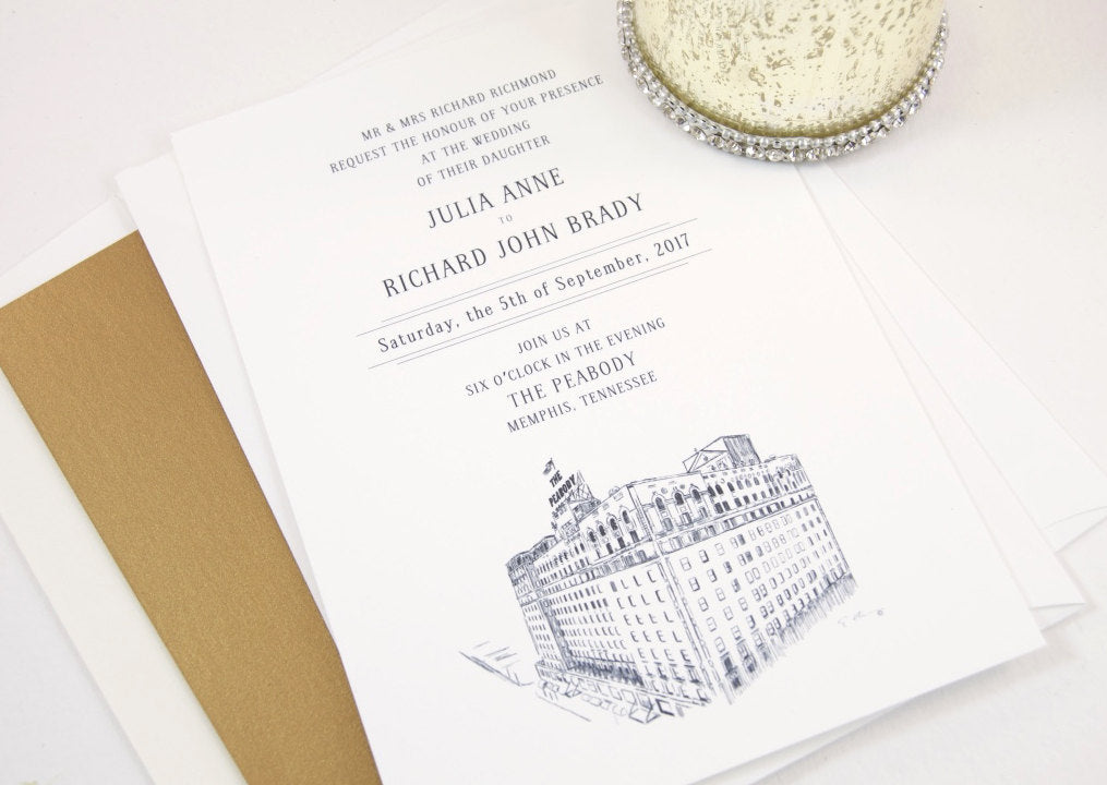 The Peabody Memphis Skyline Wedding Invitations Package (Sold in Sets of 10 Invitations, RSVP Cards + Envelopes)