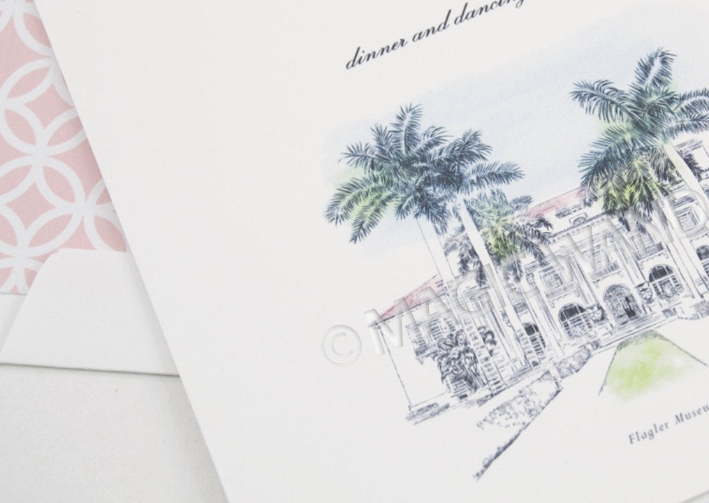 Flagler Museum, Palm Beach Florida Hand Drawn Wedding Invitations Package (Sold in Sets of 10 Invitations, RSVP Cards + Envelopes)