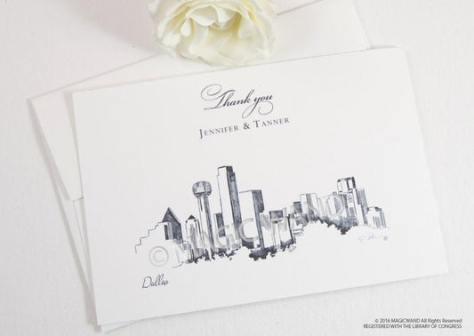 Dallas Skyline Wedding Thank You Cards, Personal Note Cards, Bridal Shower Thank you Cards (set of 25 cards)