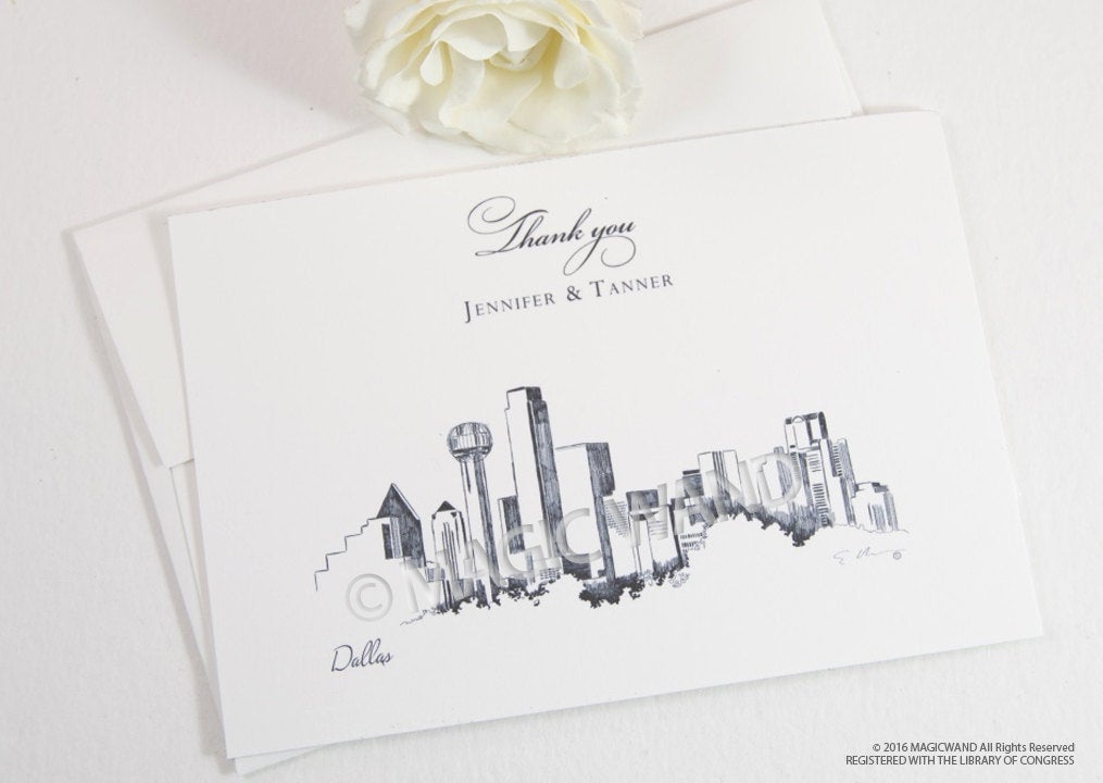 Dallas Skyline Wedding Thank You Cards, Personal Note Cards, Bridal Shower Thank you Cards (set of 25 cards)