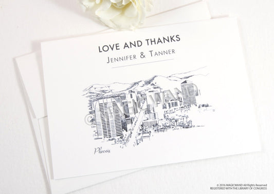 Phoenix Skyline Wedding Thank You Cards, Personal Note Cards, Bridal Shower Thank you Cards (set of 25 cards)