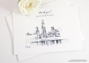 Chicago Skyline Wedding Thank You Cards, Personal Note Cards, Bridal Shower Thank you Cards (set of 25 cards)