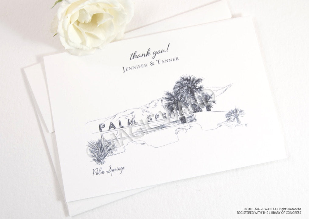 Palm Springs Skyline Wedding Thank You Cards, Personal Note Cards, Bridal Shower Thank you Cards (set of 25 cards)