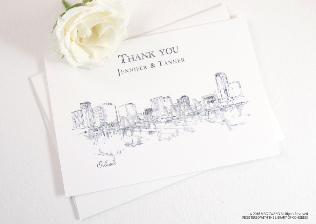 Orlando Skyline Wedding Thank You Cards, Personal Note Cards, Bridal Shower Thank you Cards (set of 25 cards)