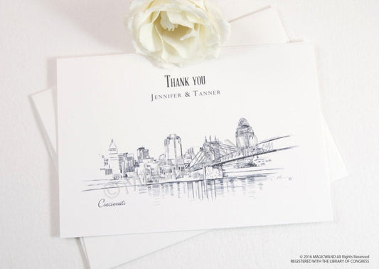 Cincinnati Skyline Wedding Thank You Cards, Personal Note Cards, Bridal Shower Thank you Cards (set of 25 cards)