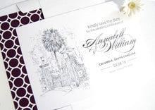 Load image into Gallery viewer, University Of South Carolina Skyline Hand Drawn Save the Date Cards (set of 25 cards)
