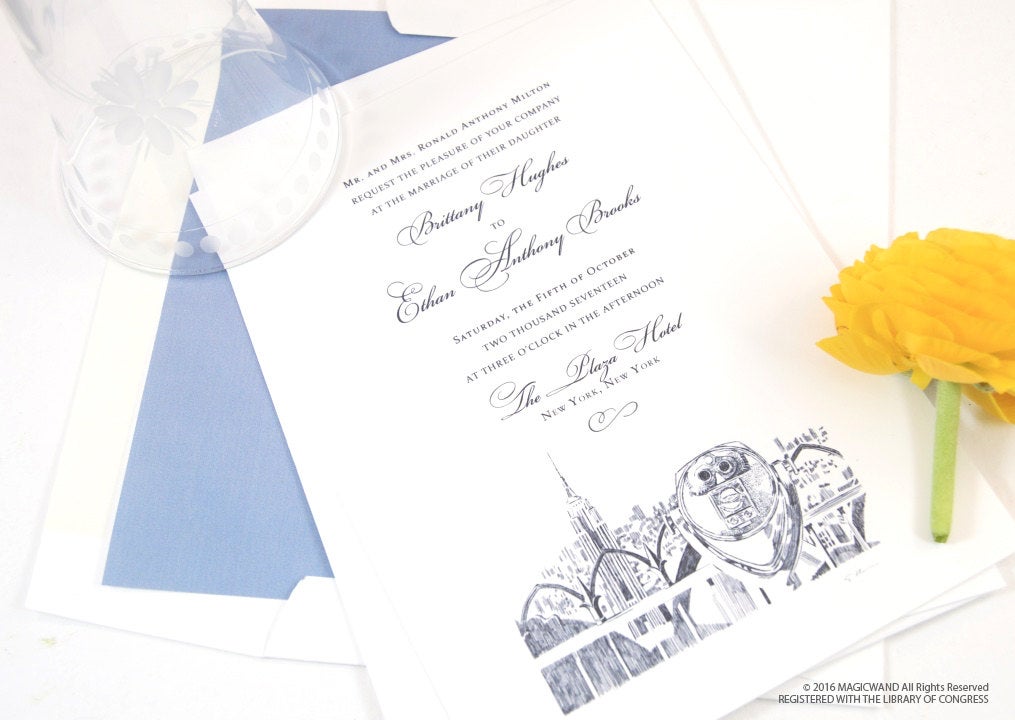 New York City Empire State Building Hand Drawn Wedding Invitation Package (Sold in Sets of 10 Invitations, RSVP Cards + Envelopes)