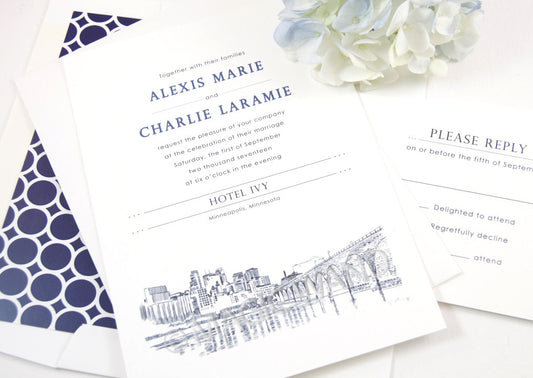 Minneapolis Skyline Hand Drawn Wedding Invitation Package (Sold in Sets of 10 Invitations, RSVP Cards + Envelopes)