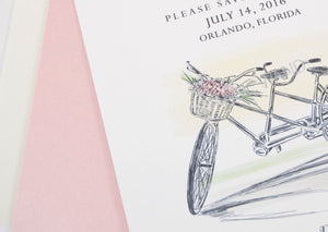 Rustic Weddings Save the Date Cards, Bicycle Built for Two with flowers, bike for 2 Hand Drawn  (set of 25 cards and envelopes)