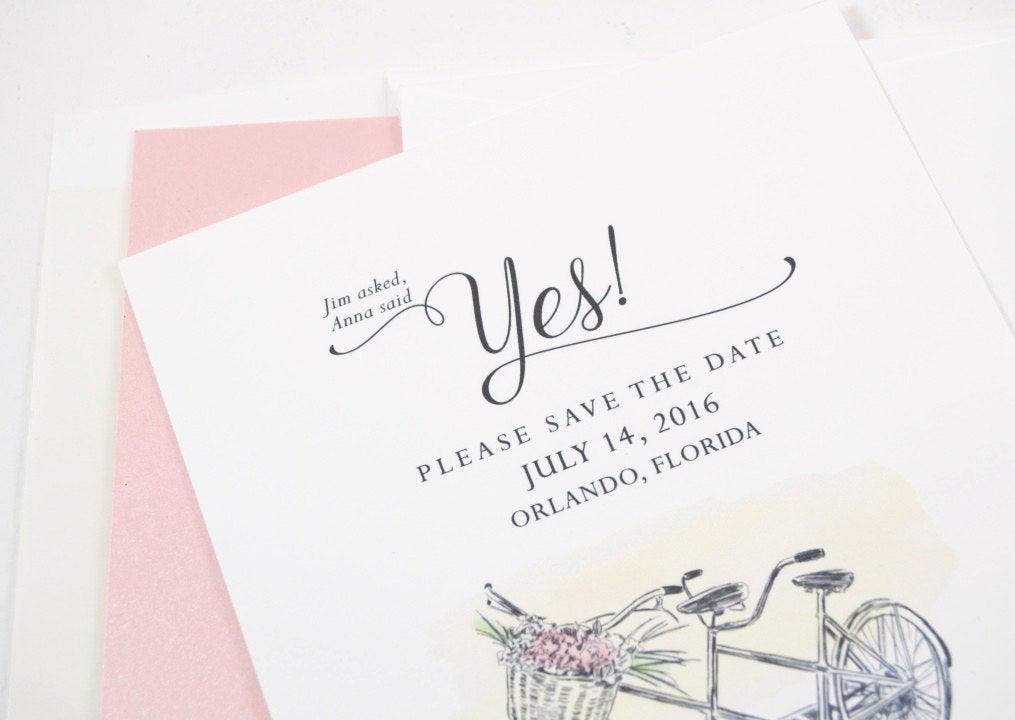 Rustic Weddings Save the Date Cards, Bicycle Built for Two with flowers, bike for 2 Hand Drawn  (set of 25 cards and envelopes)