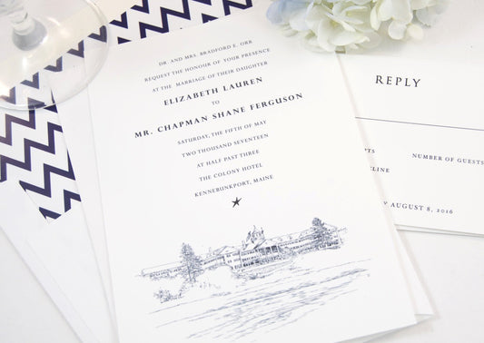 The Colony Hotel, Kennebunkport, Maine Hand Drawn Wedding Invitations Package (Sold in Sets of 10 Invitations, RSVP Cards + Envelopes)