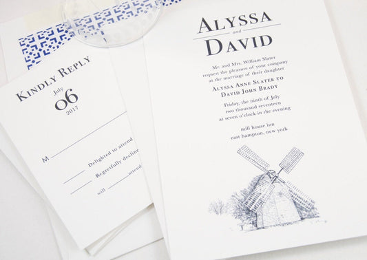 The Hamptons Windmill Hand Drawn Wedding Invitations Package (Sold in Sets of 10 Invitations, RSVP Cards + Envelopes)