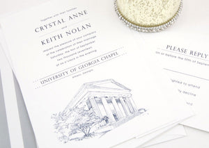 University of Georgia Chapel Hand Drawn Wedding Invitations Package (Sold in Sets of 10 Invitations, RSVP Cards + Envelopes)
