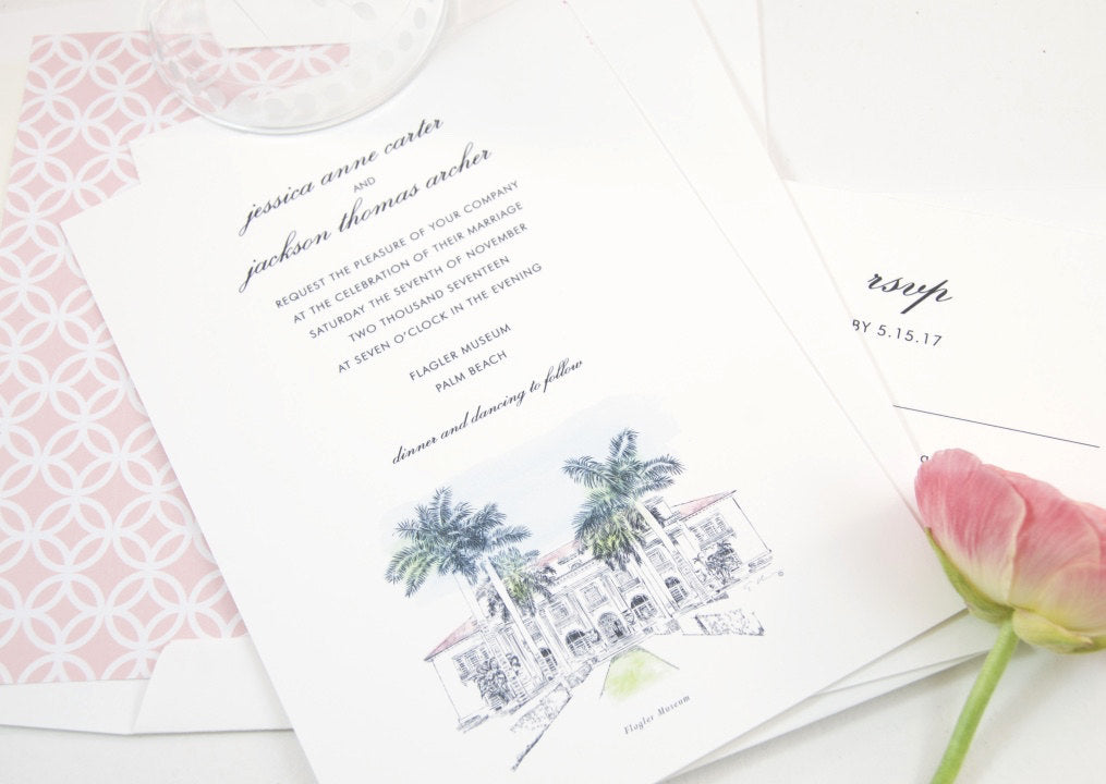 Flagler Museum, Palm Beach Florida Hand Drawn Wedding Invitations Package (Sold in Sets of 10 Invitations, RSVP Cards + Envelopes)