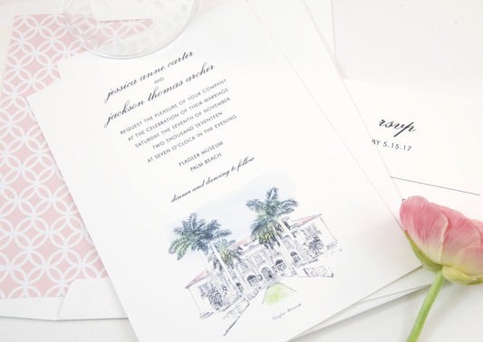 Flagler Museum, Palm Beach Florida Hand Drawn Wedding Invitations Package (Sold in Sets of 10 Invitations, RSVP Cards + Envelopes)