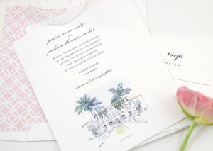 Flagler Museum, Palm Beach Florida Hand Drawn Wedding Invitations Package (Sold in Sets of 10 Invitations, RSVP Cards + Envelopes)