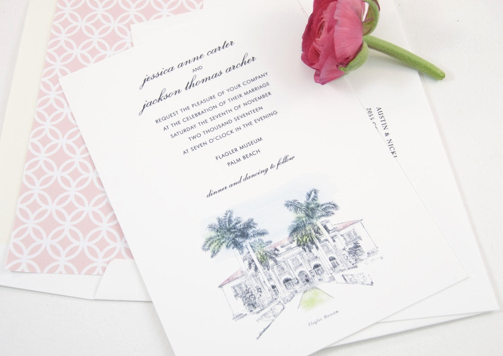 Flagler Museum, Palm Beach Florida Hand Drawn Wedding Invitations Package (Sold in Sets of 10 Invitations, RSVP Cards + Envelopes)