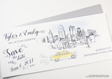 Load image into Gallery viewer, Kansas City Skyline Whimsical Save the Date Cards , Taxi Watercolor, Wedding (set of 25 cards)
