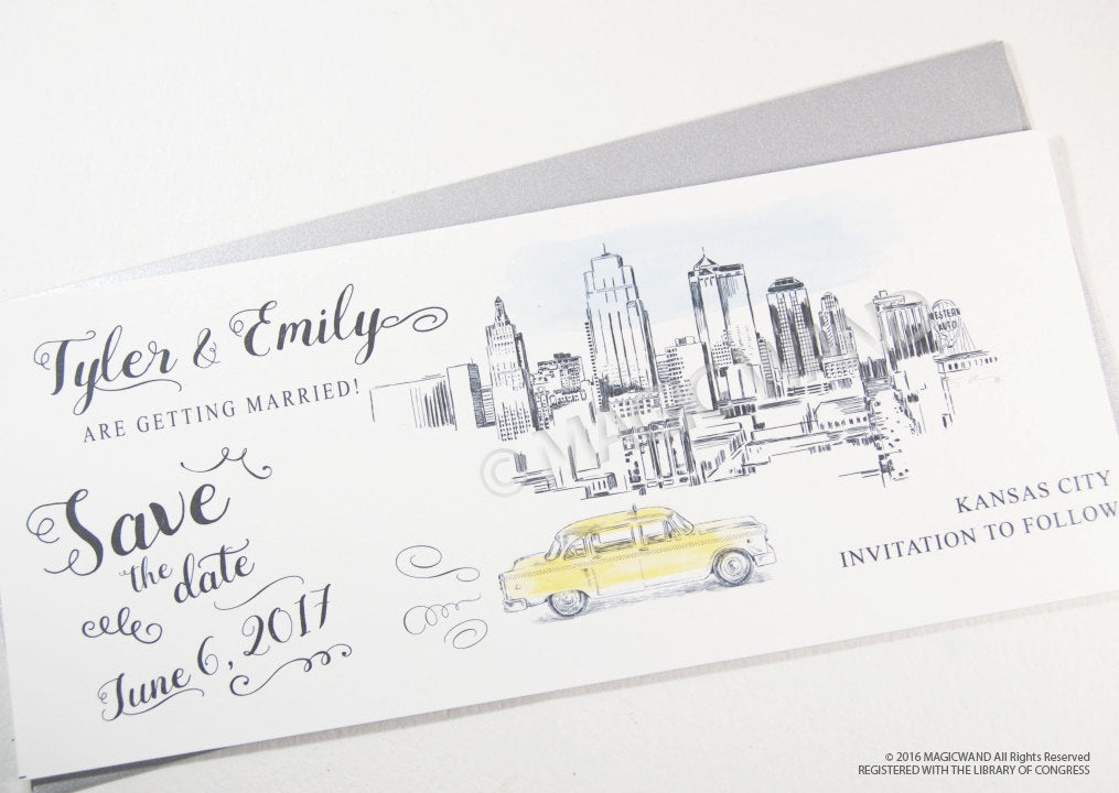 Kansas City Skyline Whimsical Save the Date Cards , Taxi Watercolor, Wedding (set of 25 cards)
