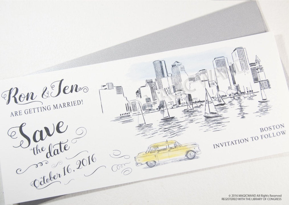 Boston Skyline Whimsical Save the Date Cards , Taxi Watercolor, Wedding (set of 25 cards)