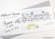 Load image into Gallery viewer, Baltimore Skyline Whimsical Save the Date Cards , Taxi Watercolor, Wedding (set of 25 cards)
