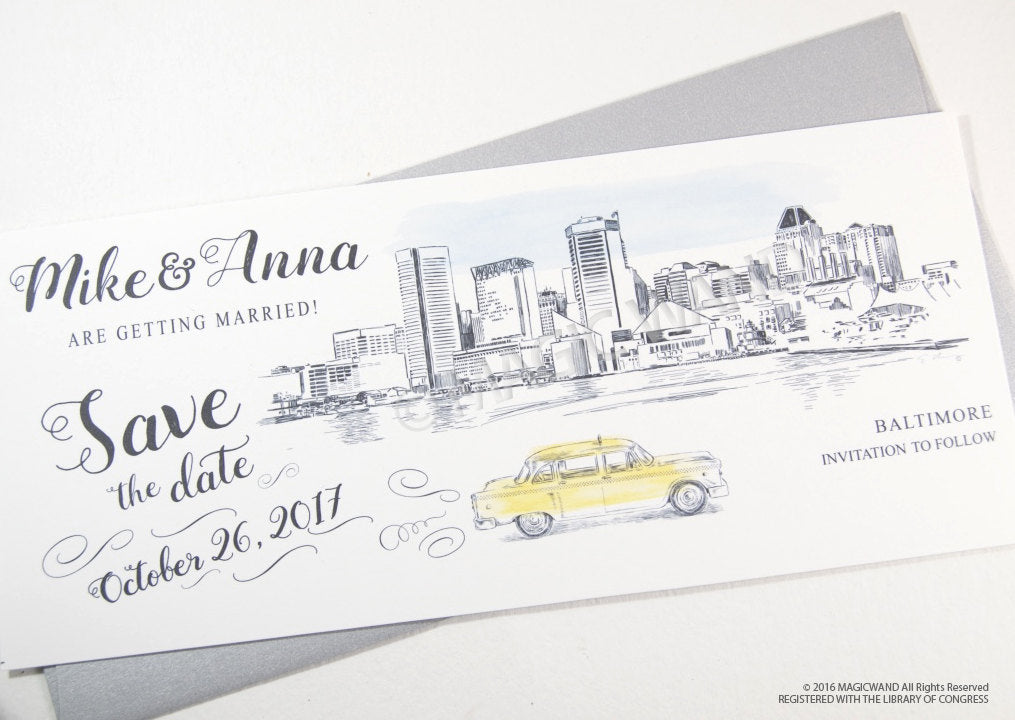 Baltimore Skyline Whimsical Save the Date Cards , Taxi Watercolor, Wedding (set of 25 cards)