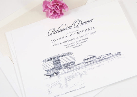 Milwaukee Discovery Museum Skyline Rehearsal Dinner Invitations (set of 25 cards)