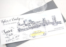 Load image into Gallery viewer, Sacramento Skyline Whimsical Save the Date Cards , Taxi Watercolor, Wedding (set of 25 cards)
