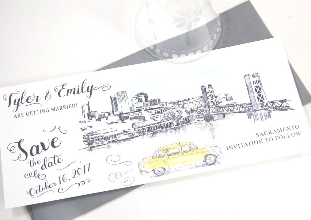 Sacramento Skyline Whimsical Save the Date Cards , Taxi Watercolor, Wedding (set of 25 cards)